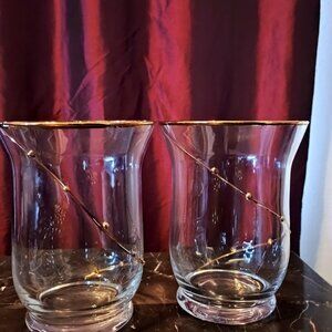 TWO Vintage Pier 1 Swirline Blown Glass 6” Tapered Vases w/ Gold Swirl & Rim